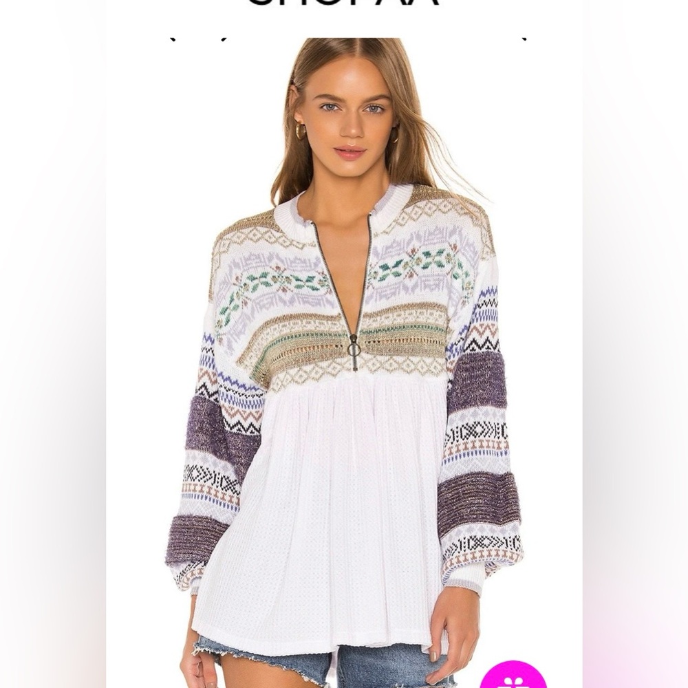 Free People White and Purple Patterned Blouse